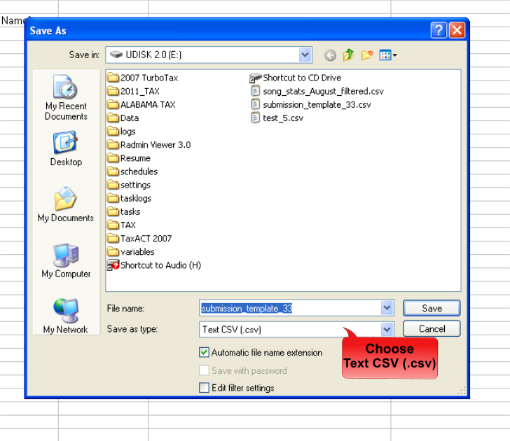 example of saving as .csv file type